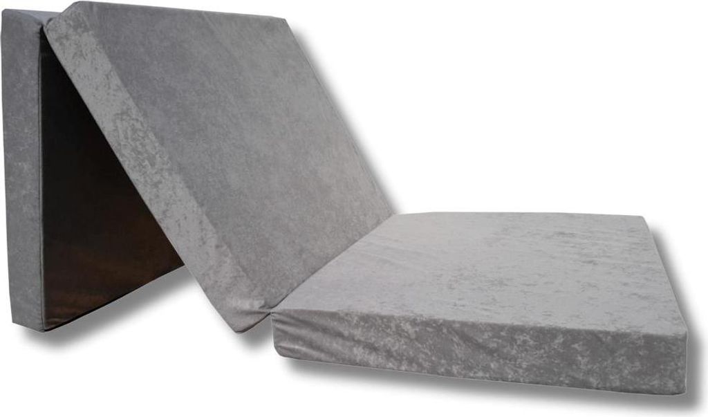 A foldable mattress is shown diagonally against a white background. One section is flat, while the other two are folded upright.