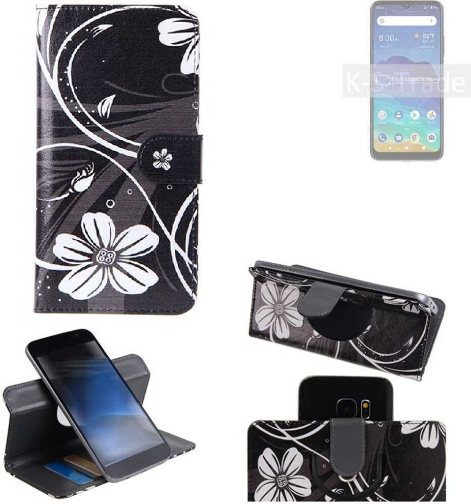 K-S-Trade Schutzhülle Handyhülle kompatibel mit ZTE Blade 11 Prime Hülle 360° Wallet Case ''Flowers'' Klapphülle Hülle schwarz-weiß 1x