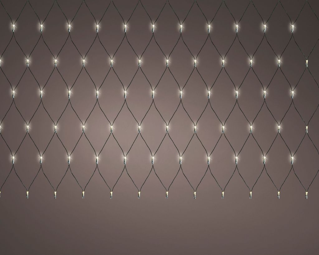 A net of white LED lights against a plain background.