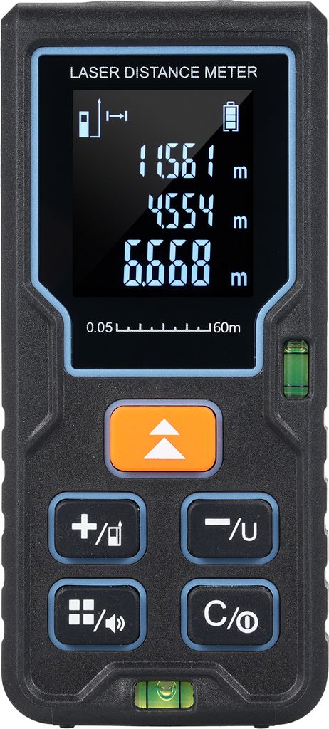 A black and gray laser distance meter with an orange button and a digital display showing measurements.