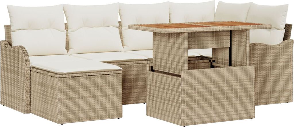 Möbel 7-teiliges Garten Sofa Set mit Kissen Beige Poly Rattan Akazie, 2-Sitzer Garten Sofa mit Kissen Beige Poly Rattan - Gartensofas 3349483