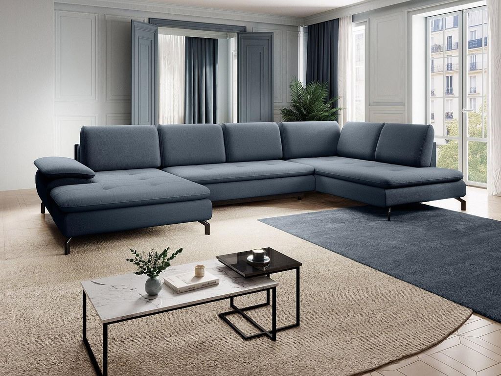 Rechtes Ecksofa großes Schlafsofa für mehrere Personen mit blauem Strukturbezug - ARCHIBALD