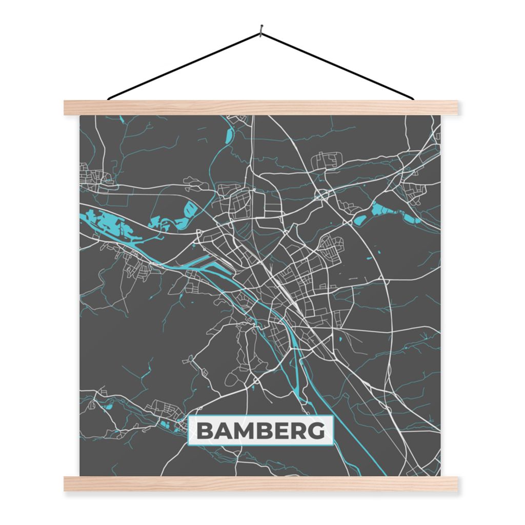 MuchoWow Textilposter Stadtplan - Deutschland - Blau - Bamberg - Karte 40x40 cm mit holzfarbenen Rahmen - Posterleiste