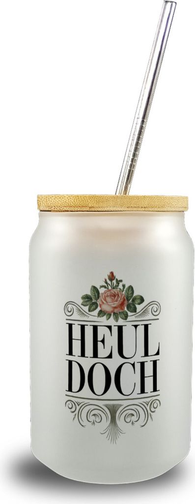 Heul doch Rose Trinkglas mit Bambusdeckel Rosendekor