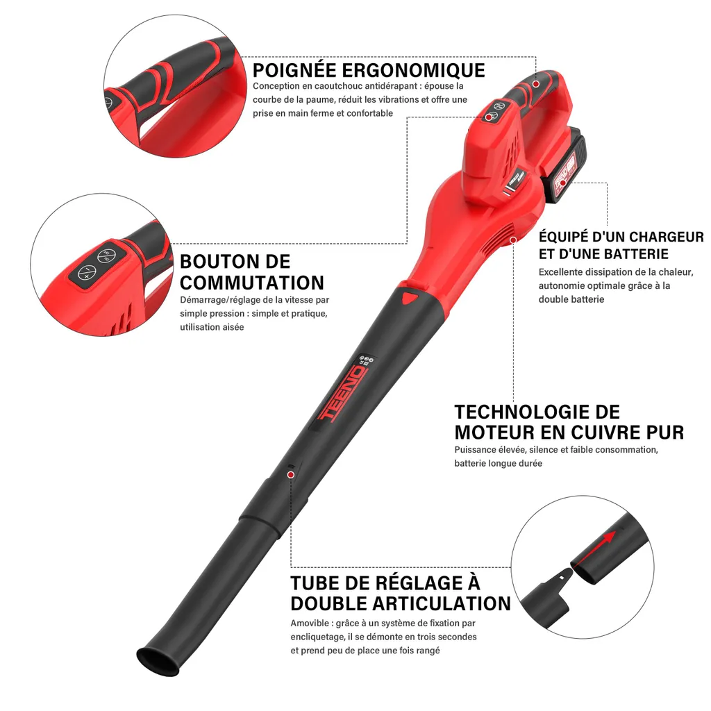Souffleur de Feuilles Thermique à Batterie 210 km/h Réglable Complet - 4