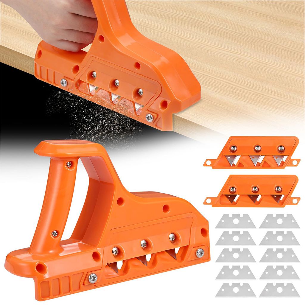 A hand is using an orange woodworking tool on a wooden surface, with shavings flying. Another view of the tool and replacement blades are shown separately.