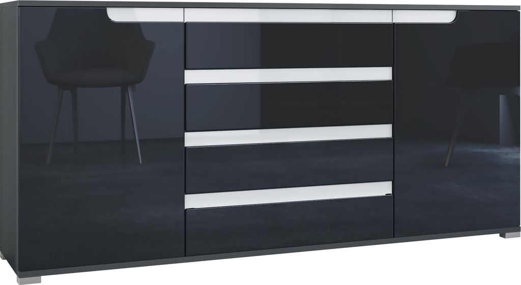 Vladon Sideboard Sylt V2, Kommode mit 2 Türen und 4 Schubladen, Korpus - Anthrazit matt / Front - Schwarz Hochglanz / Absetzung - Weiß Hochglanz ...