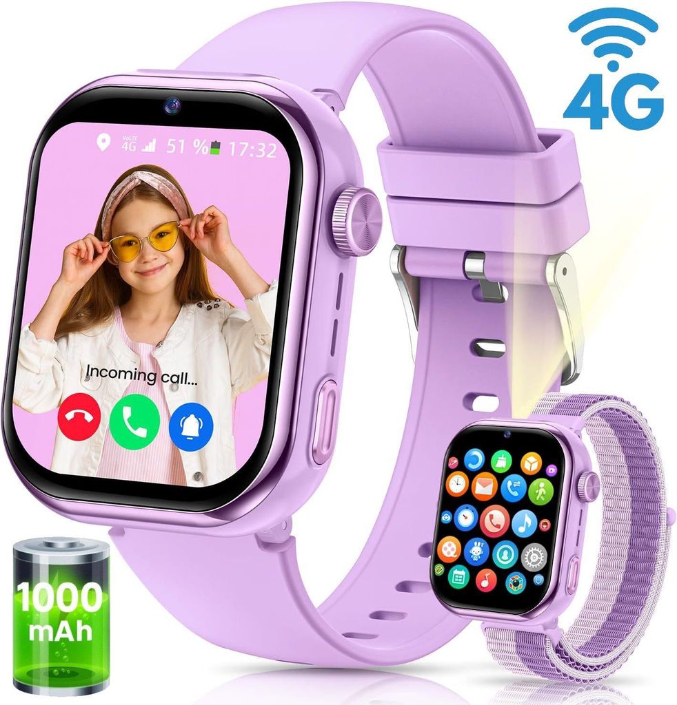 2025 NEW 1000mAh 4G Kinder Smartwatch mit GPS & Telefonfunktion Smartwatch für 4–12 Jungen und Mädchen, für Android und IOS