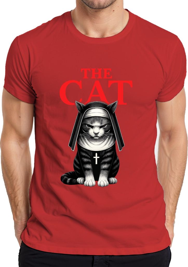 Katze Nonne Gothic Horror Kreuz Halloween The Cat Nun Film Dunkel Herren T-Shirt, Rot, L
