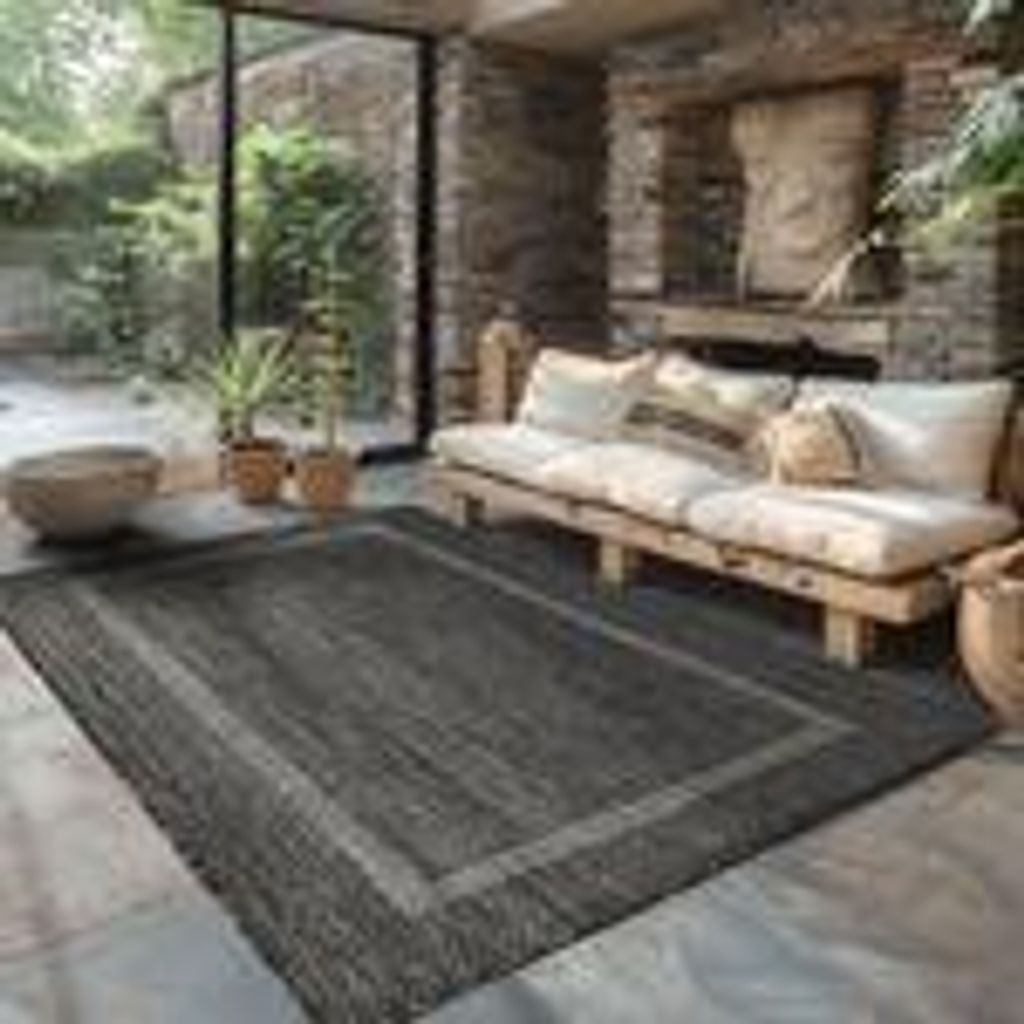 Outdoor Teppich Einfarbig Wetterfest Terasse Balkon Garten Küchenteppich Flachgewebe Sisal Optik, Größe: 120 x 170 cm, Farbe: Schwarz