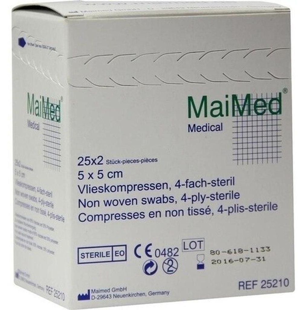 MaiMed steriele gaaskompressen, 4-laags, 50 stuks, 5 x 5 cm Productafbeelding 