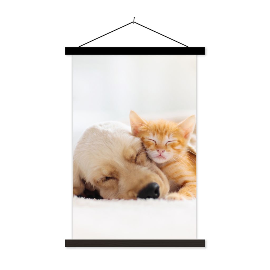 MuchoWow Textilposter Tiere - Hund - Kätzchen - Rot 60x90 cm mit schwarzem Rahmen - Poster Wohnzimmer