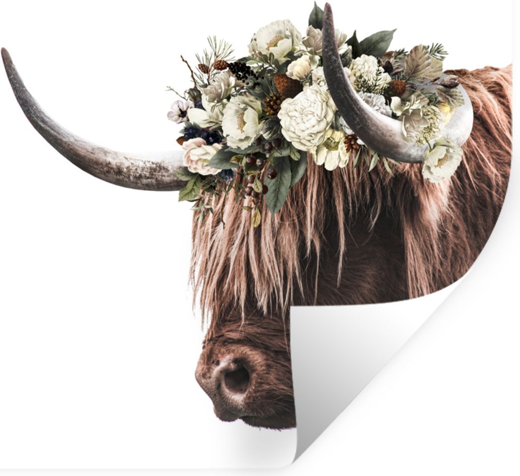 MuchoWow Wandtattoo Wandsticker Wandaufkleber Schottischer Highlander - Kuh - Blumen 60x40 cm Selbstklebend und Repositionierbar - Wierderverwend...