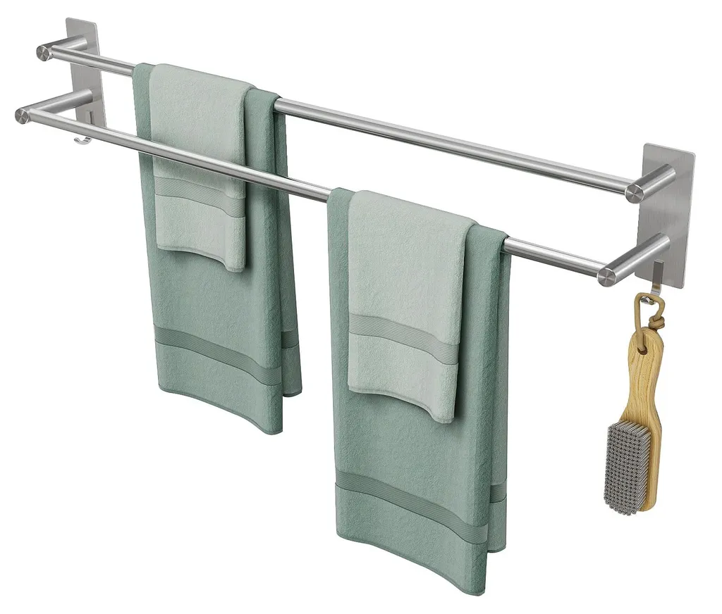 Porte-serviettes adhésif 80 cm inox double sans trou dans le mur