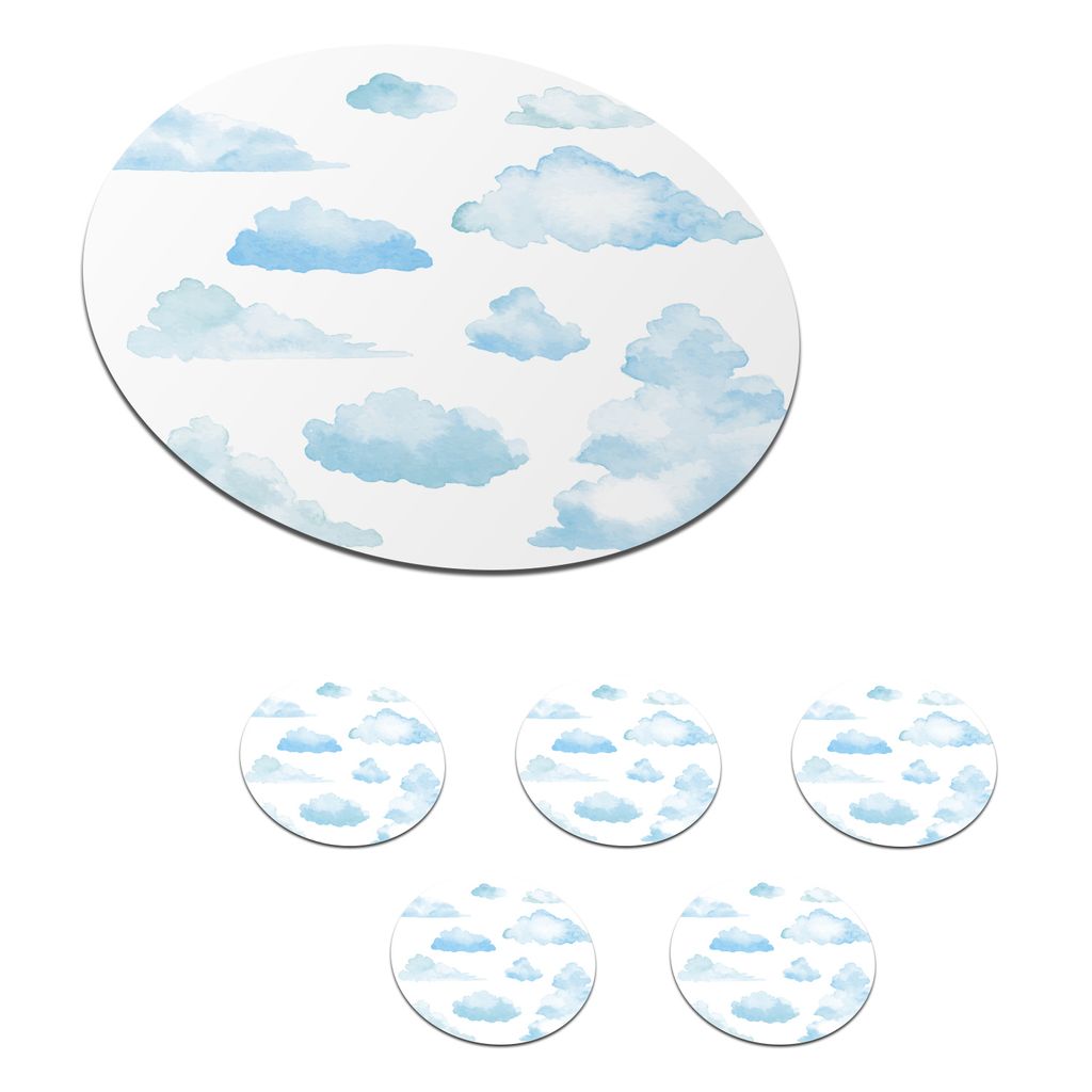 KitchenYeah Glasuntersetzer Rund 6er Set Wolken mit Aquarellfarben illustriert 10x10 cm Untersetzer für Gläser - Getränkeuntersetzer - Tischpl...