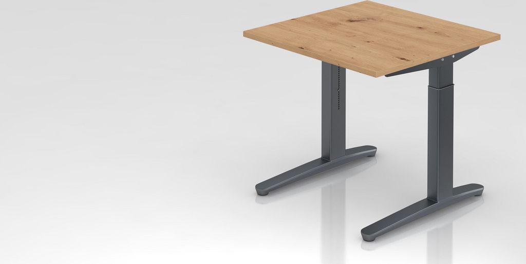 Schreibtisch Mika | Asteiche | Graues Gestell | BxT 80x80cm | Arbeitshöhe 65-85cm | höhenjustierbar, 1cm Raster | C-Fuß-Gestell | Rechteckform