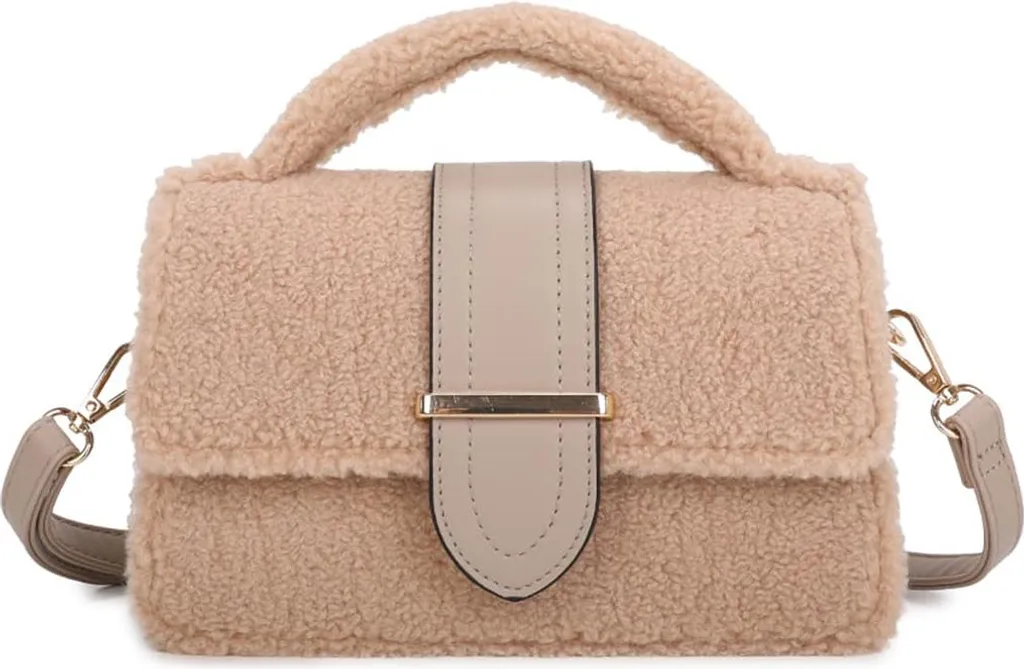 Petit sac à main femme en peluche taupe et bandoulière amovible douce