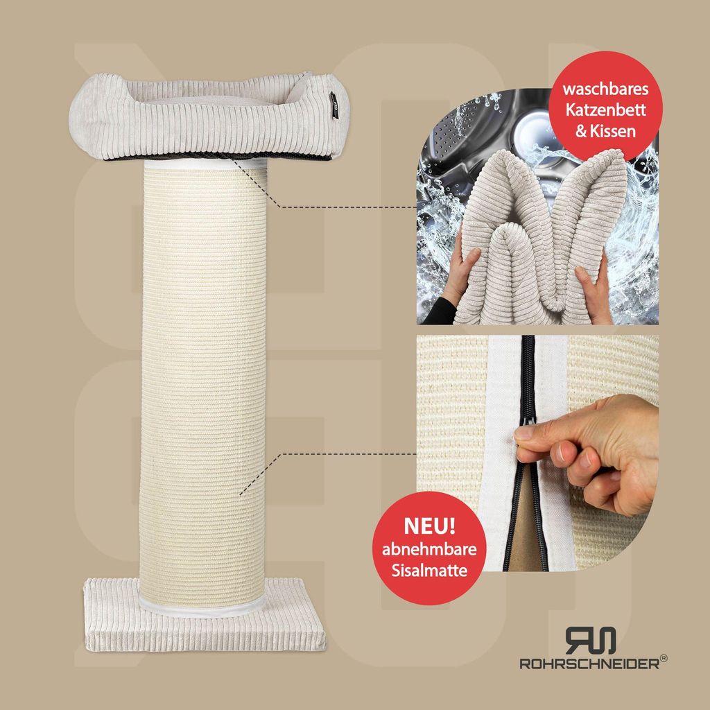 Rohrschneider XXL Kratzbaum FRIEDA – Kratztonne XXL | austauschbare Kratzmatten | stabil | extra breite Säule | Cord-Bezug waschbar | Kratzbaum ...