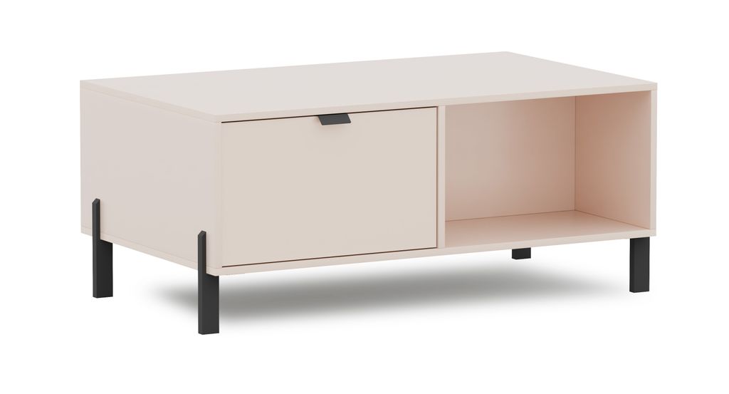 Albello Couchtisch CREAMY Beige 107x65x46 cm – moderner Wohnzimmertisch mit Schublade & Ablage, schwarze Beine, eleganter Sofatisch