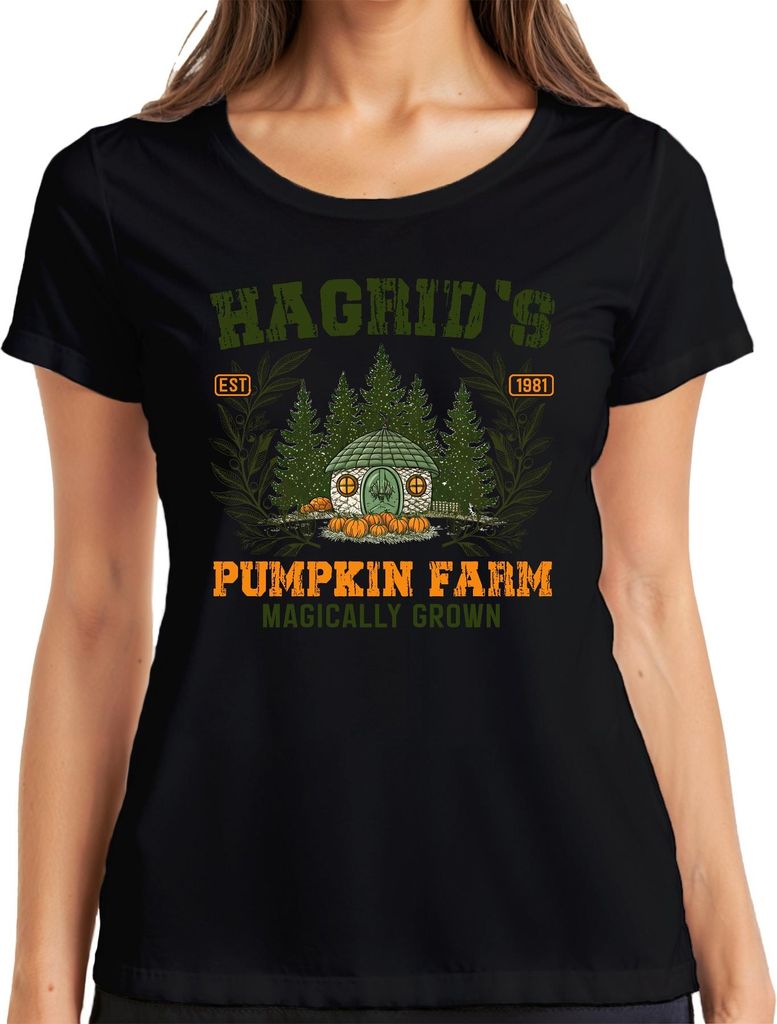 Hagrids Kürbisfarm Magisch Harry Potter Halloween Herbst Vintage Damen T-Shirt, Schwarz, XL