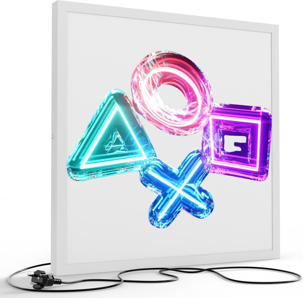DEQORI LED-Bild & Lampe 60x60 cm Weiß 'Neon Gaming Symbole' Leuchtbild LED Leuchte