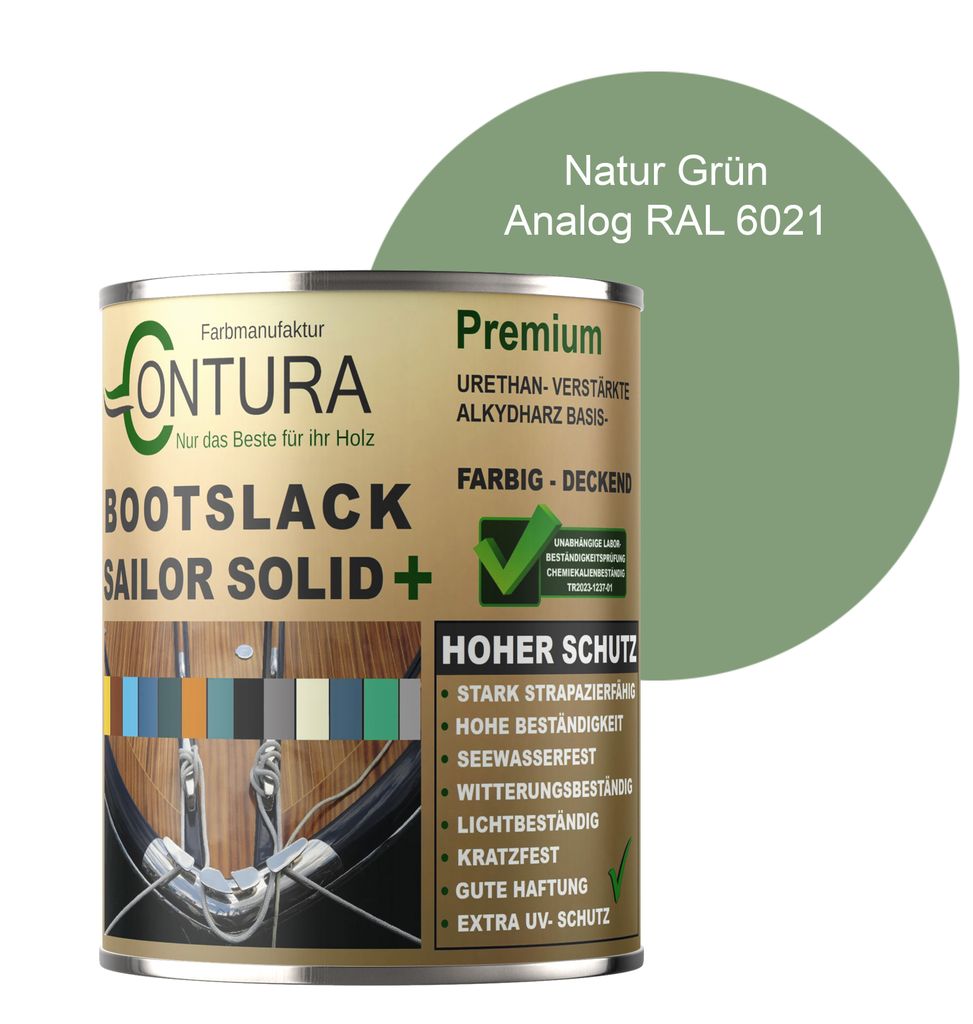 Contura 1Liter Bootslack Farbig SEIDENMATT Yacht- Buntlack Metall Holz GFK Schiffslack RAL Holzlack Boot Farblos - Natur Grün - RAL 6021 Analog