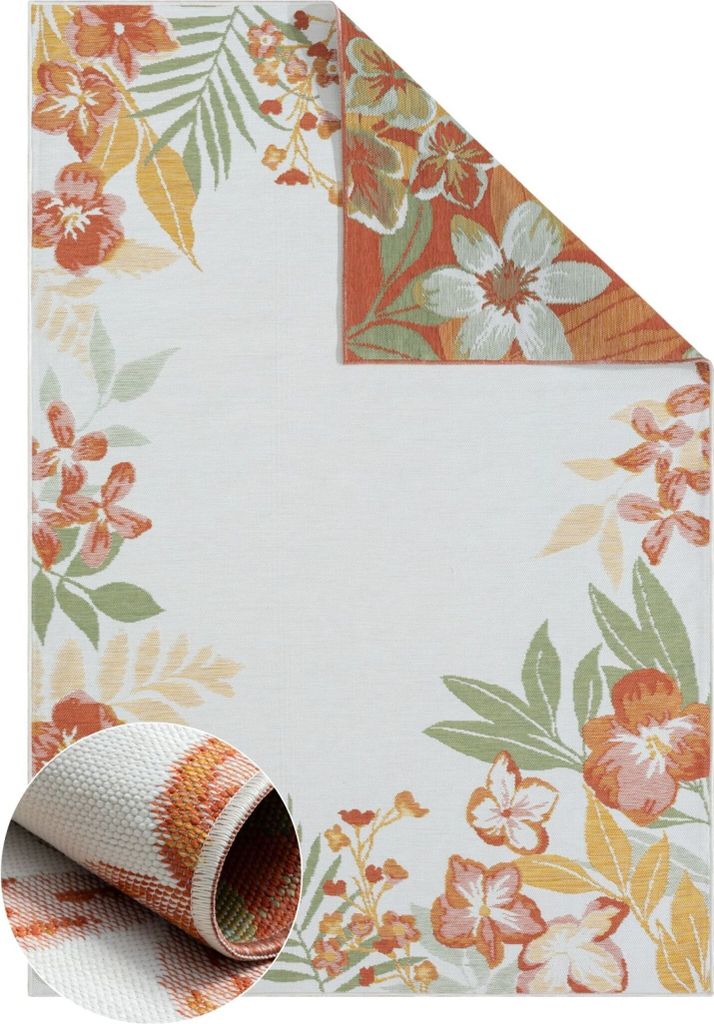 MY-RUG Wendbarer Outdoor-Teppich "Leela" 320X240 cm, weiß, orange, florales Design, wendbar, für drinnen und draußen