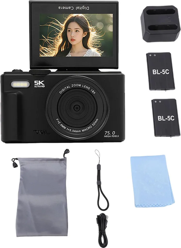 Caméscope et appareil photo 5K WiFi avec grand écran inclinable