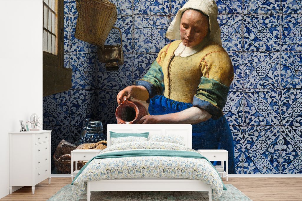 MuchoWow Fototapete für Wohnzimmer oder Schlafzimmer Wandtapete Vinyl Motivtapete Milchmädchen - Delfter Blau - Vermeer - Gemälde - Alte Meist...