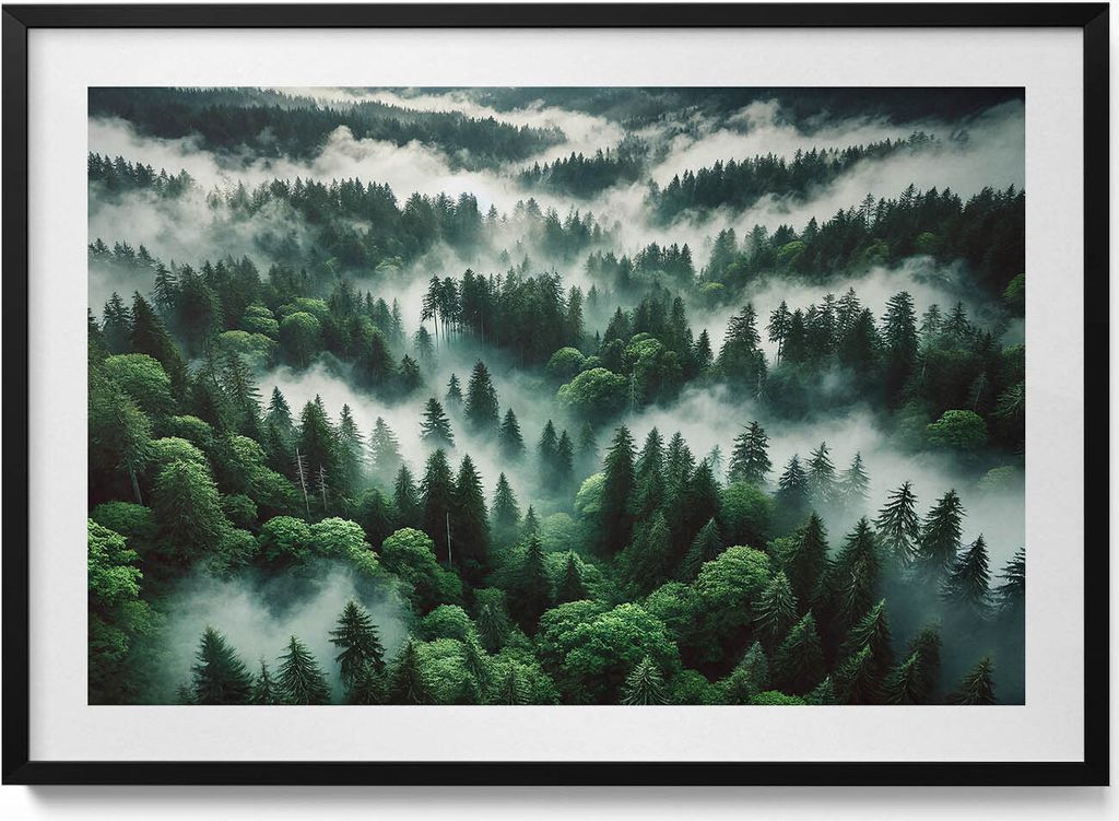 Landschaft mit Morgennebel im Wald– Wandbild mit Rahmen – Gerahmtes Bild – Wanddekoration – 100x70 cm – Schwarz Rahmen