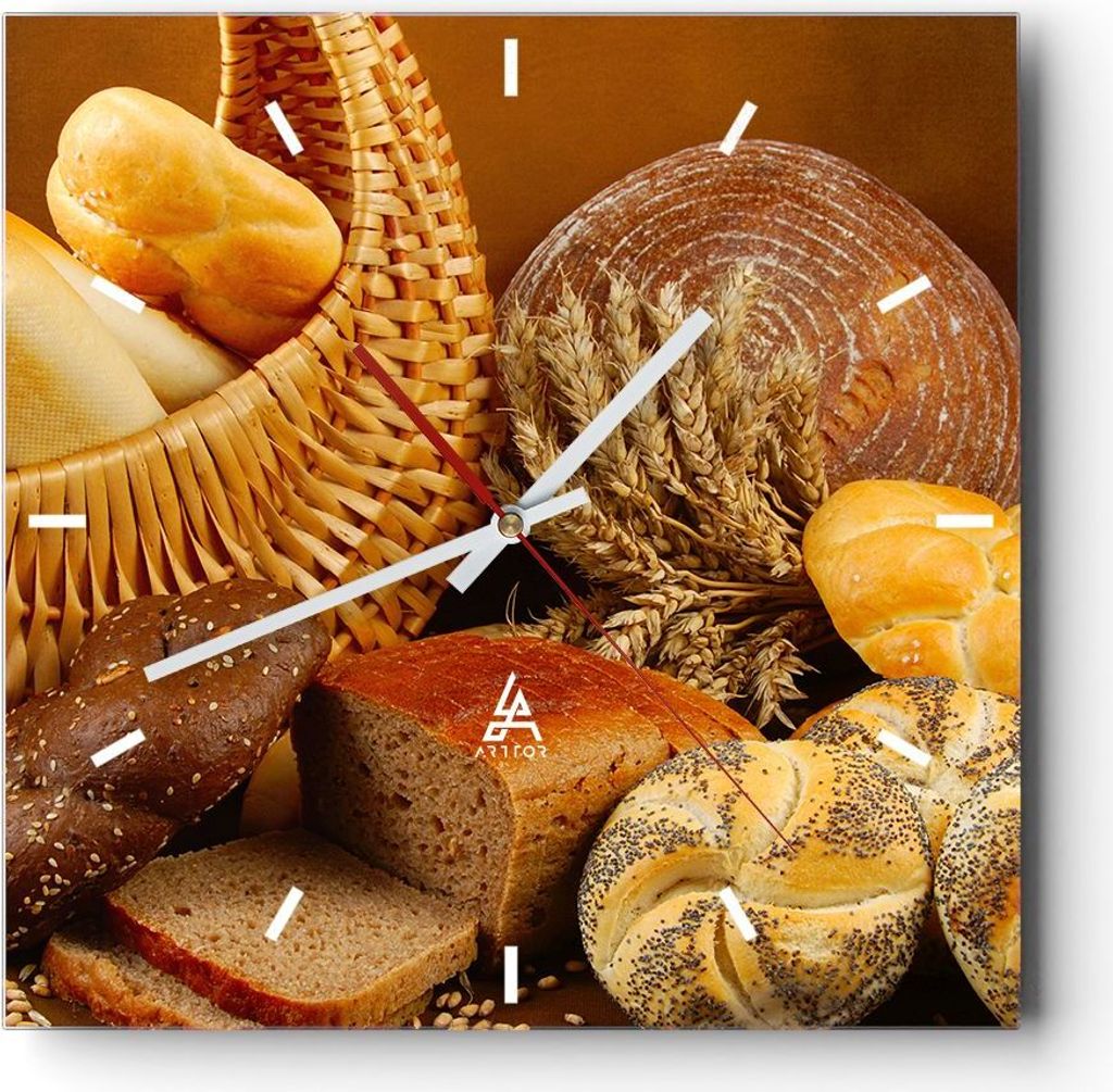 Wanduhr - Quadrat - Glasuhr - Bäckerei Brot Essen - 30x30cm - Schleichendes Uhrwerk - Lautlos - zum Aufhängen bereit - Dekoration Modern - Wandde...