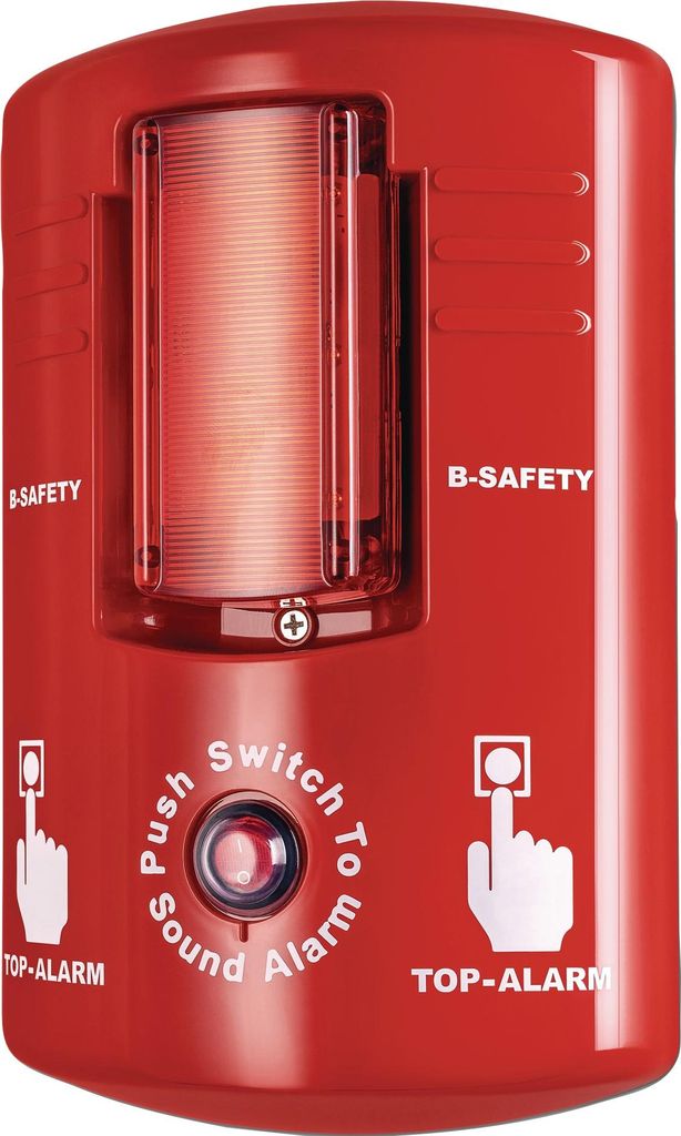A red alarm device with text and symbols.