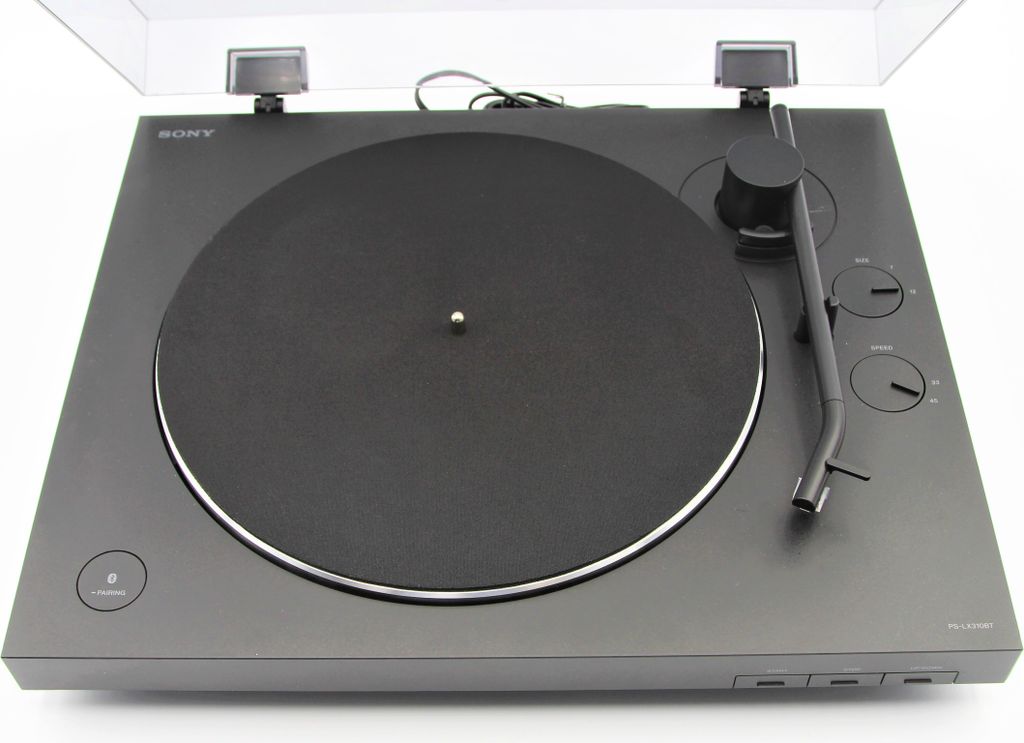 A top-down view of a Sony turntable.