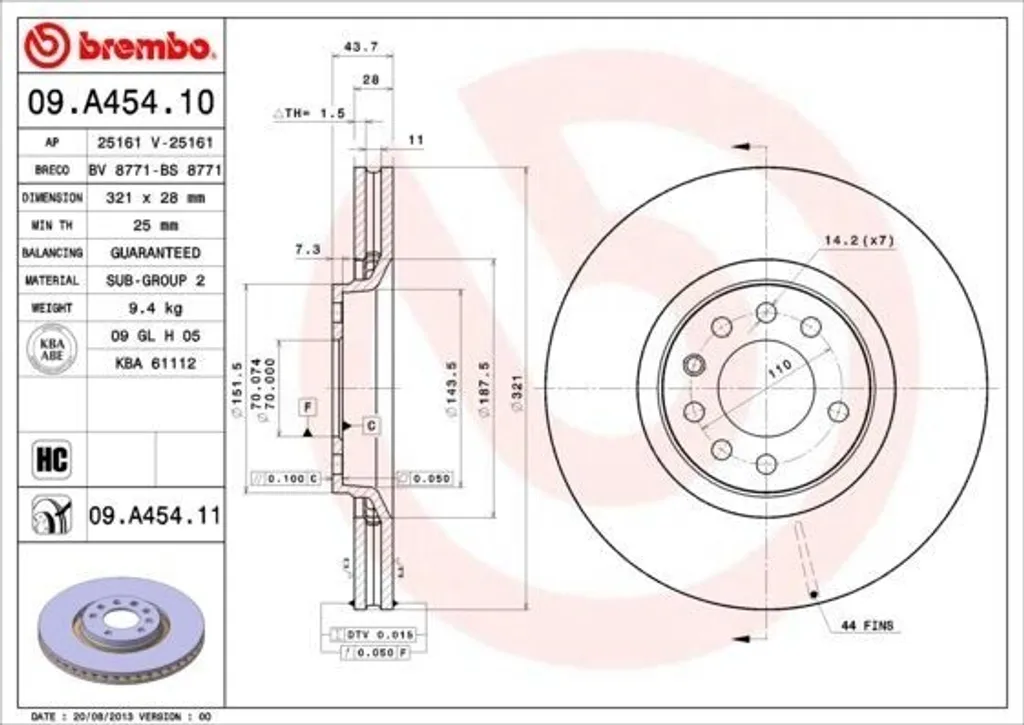 Disque de frein Brembo 09.A454.11 OE 569017 pour Astra H Zafira B