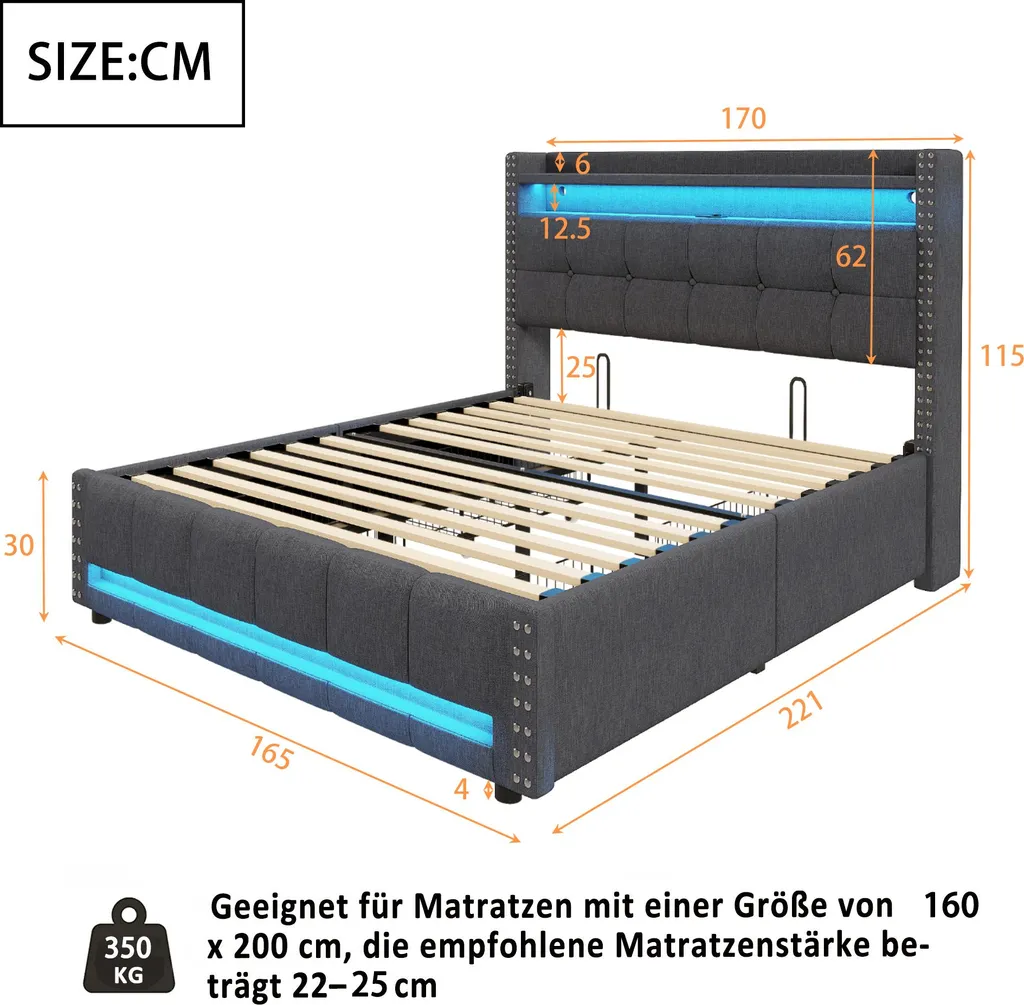 Lit Capitonné 160x200 avec Éclairage LED et Rangement Intégré - Gris