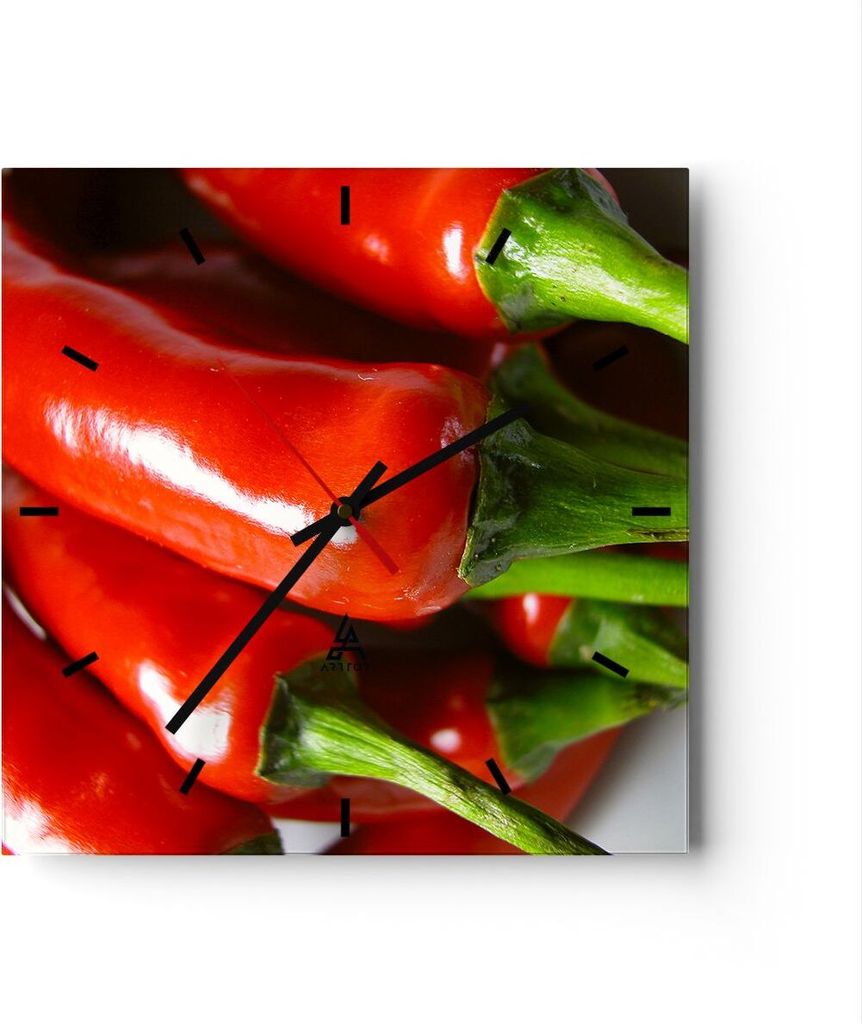 Wanduhr - Quadrat - Glasuhr - Gemüse würzig Chili - 30x30cm - Schleichendes Uhrwerk - Lautlos - zum Aufhängen bereit - Dekoration Modern - Wandd...