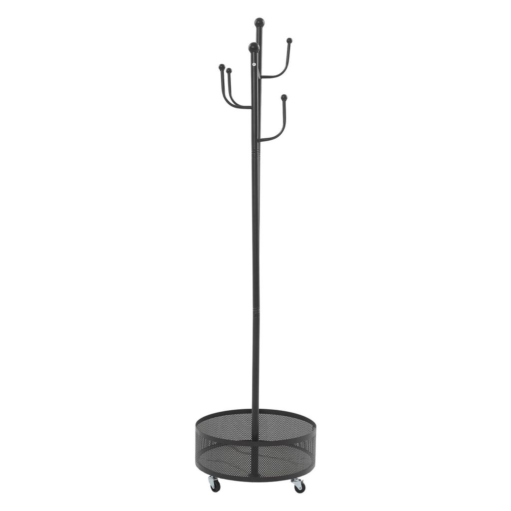 A black coat rack with a round mesh base and wheels, shown against a white background.
