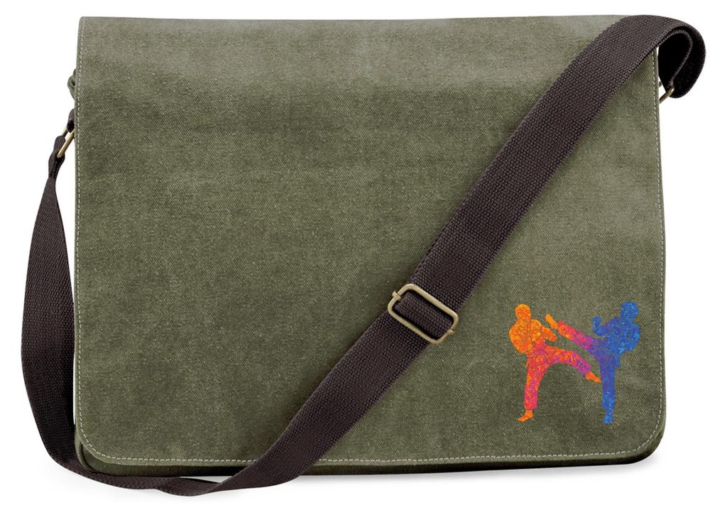 Huuraa Umhängetasche Taekwondo bunte Silhouette 14 Liter Military Green Canvas Laptoptasche Geschenkidee
