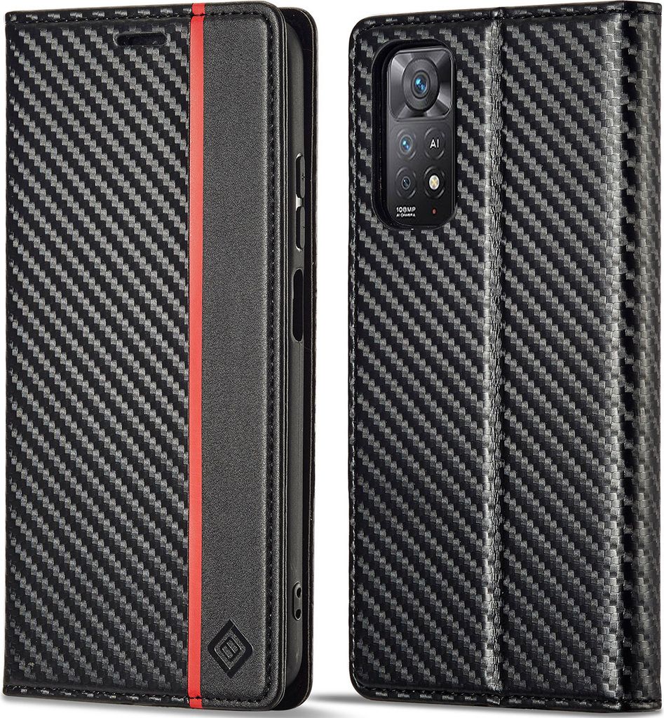 Hülle für Xiaomi Redmi Note 11 Pro 5G/4G Kohlefaser Leder Brieftasche Schutzhülle mit Standfunktion Schwarz Vertikale Rot