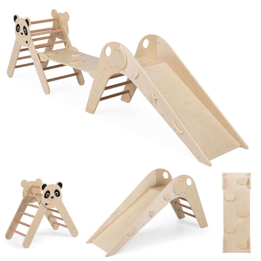 COSTWAY Kletterdreiecke Set, faltbares Montessori-Kletterset aus Holz mit Panda-Motiv, Rutsche, Rampe, Kletterleiter&Cartoon-Blöcken, für Kinder 3+