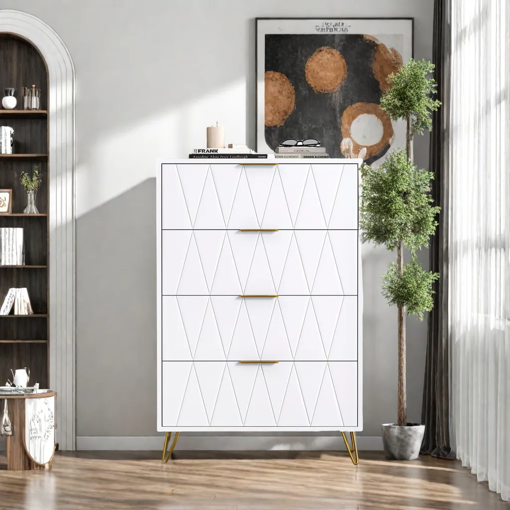 Commode de Salon Blanche avec 4 Tiroirs Buffet de Rangement Compact