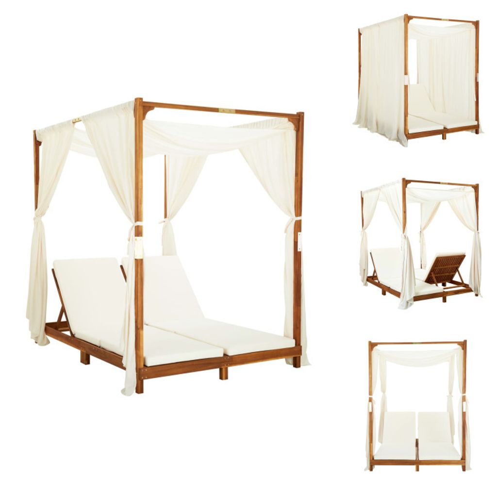 vidaXL Doppel-Sonnenliege mit Vorhängen und Auflagen Akazie Massivholz - Sonnenliegen