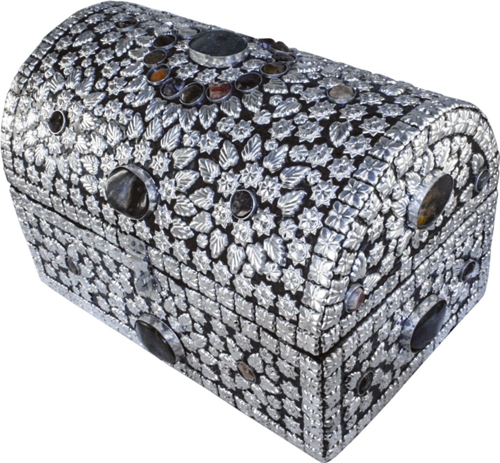 Holztruhe Magister – mit silbernen Metallbeschlägen und Steineinsatz, Größe:Klein