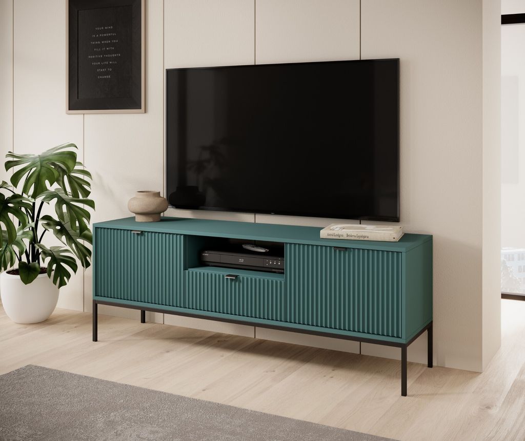 Rtv Kabinett Flasche Grün Mit Schwarzem Rahmen, 154X39X56 Cm, Modern, Für Wohnzimmer, Mit Schublade