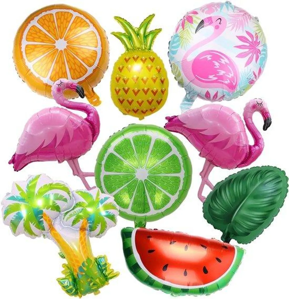 Décoration de ballons Hawaï design palmier et ananas aspect brillant