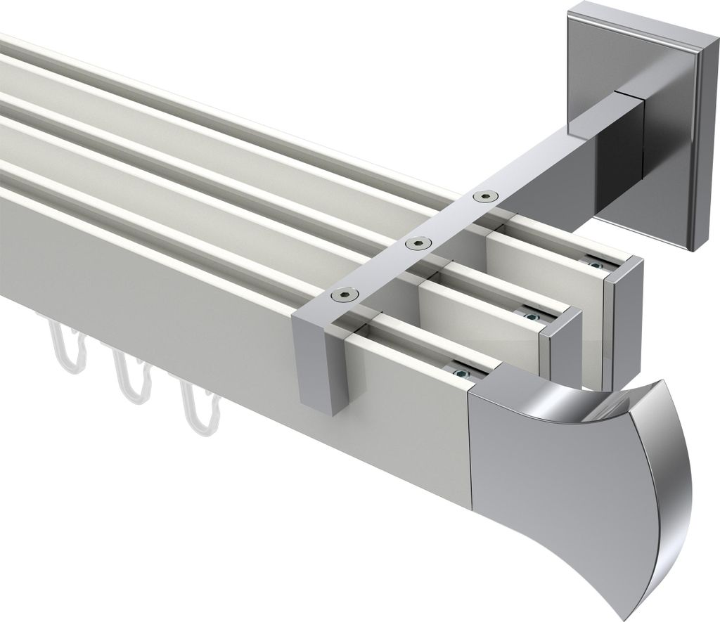 Interdeco Innenlaufstange / Gardinenstange mit Innenlauf Weiß / Chrom, Typ Smartline Conex (Rundung), 14x35 mm 3-läufig, 180 cm