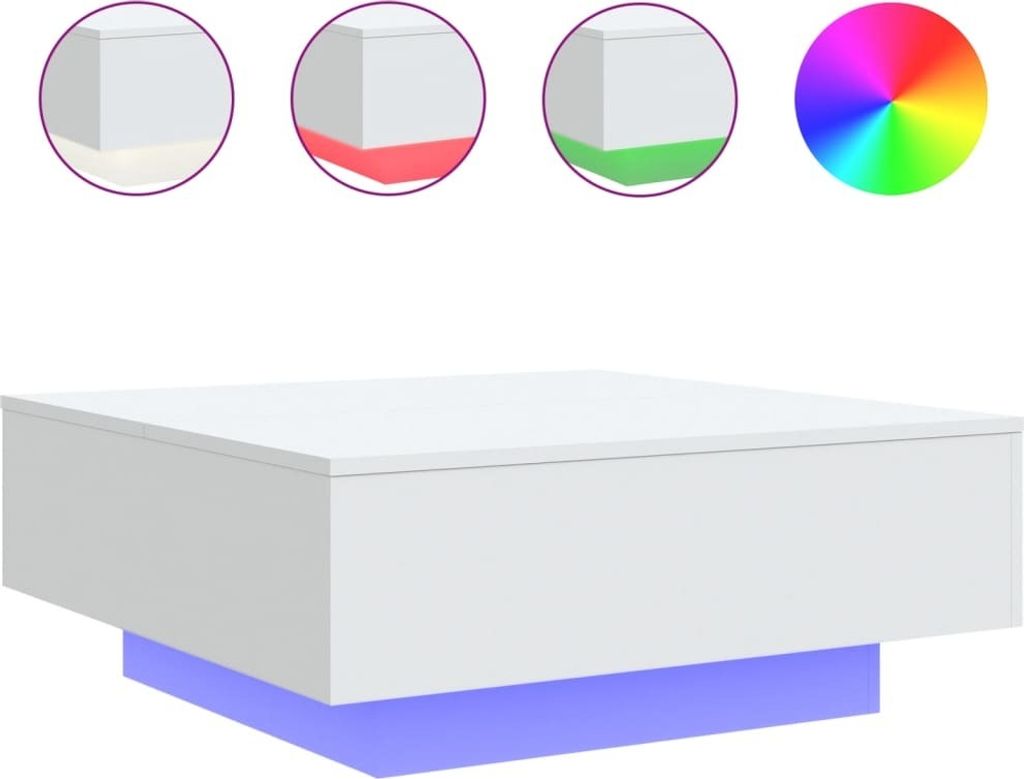 Collage of a white coffee table with LED lighting options displayed on the top, and the table itself with blue LED lighting.