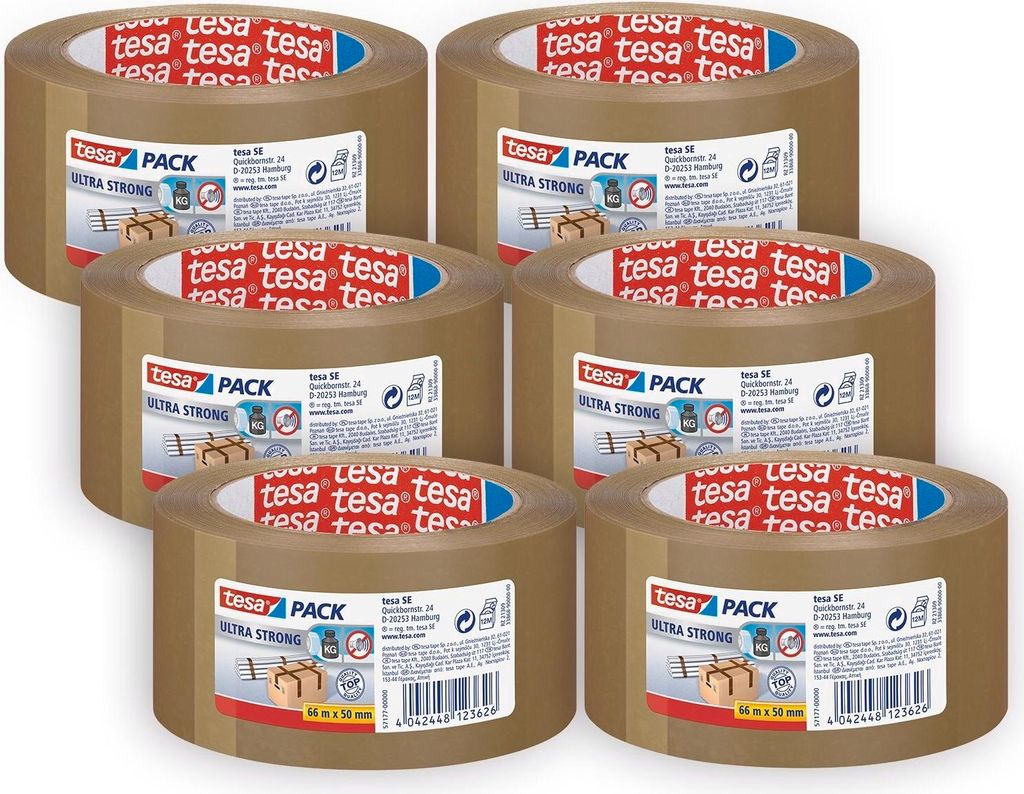 tesa Packband ULTRA STRONG (6 Stck.) Klebeband braun Handabroller - 66 m : 50 mm