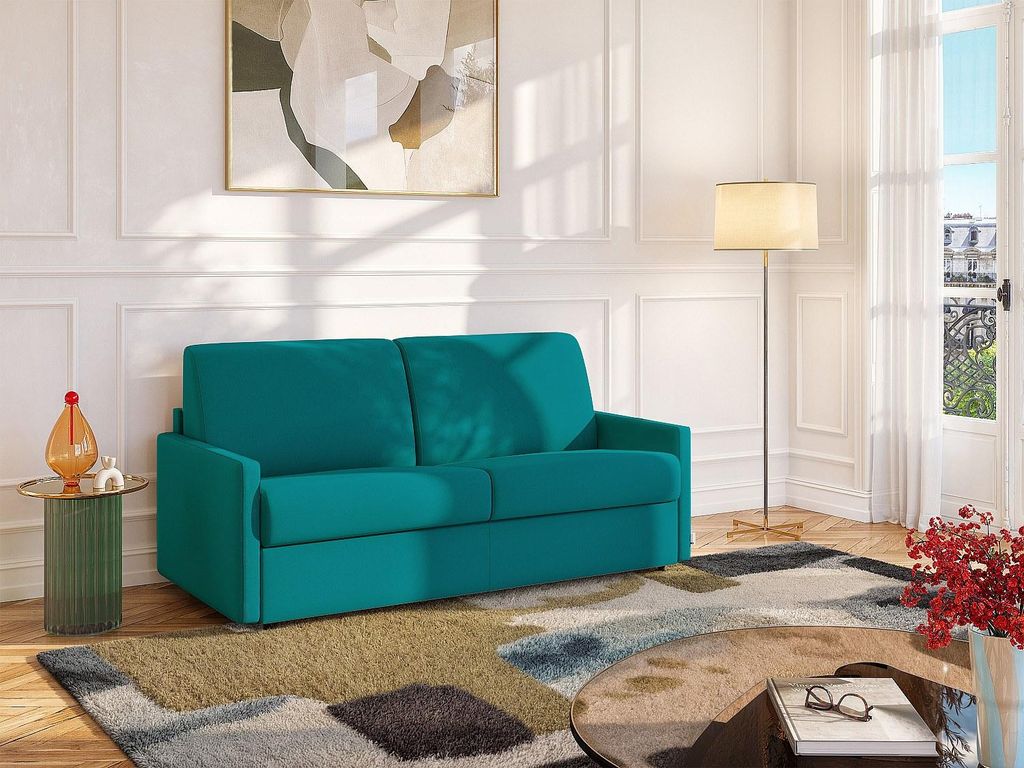3-Sitzer-Sofa mit Express-Klappmechanismus aus CALIFE-Stoff - Farbe: türkis - Maße der Liegefläche: 140 cm - Matratze 14 cm