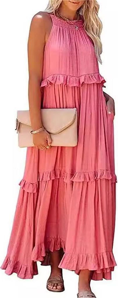 ASKSA Damen Langes Kleid Sommer Big Swing Strandkleid y Kleid Women Cover up Bikini Maxi Beachwear Kleider, Rosa, Groesse: S